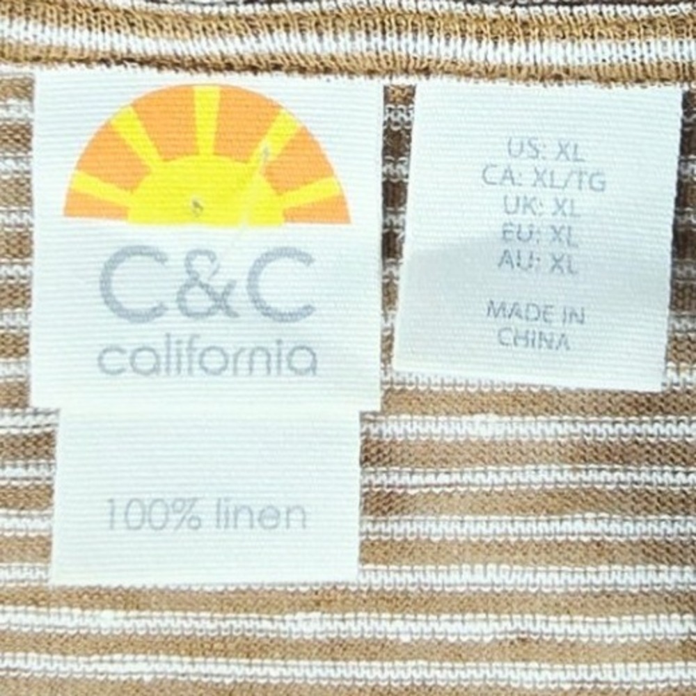 C&C California Striped Linen Hoodie Women XL Tan White Roll Tab Sleeve Pullover - Picture 7 of 9
